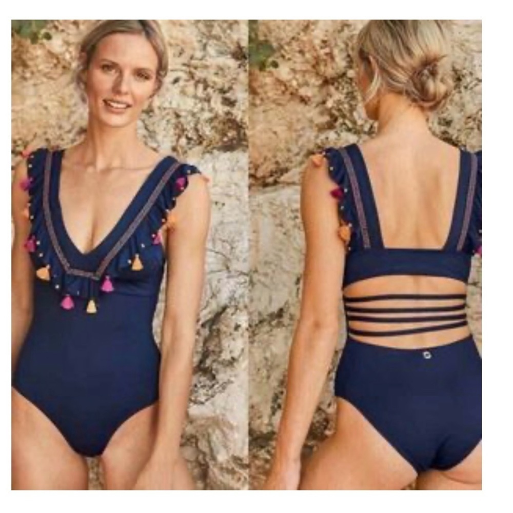 ONDA DE MAR Women’s size M Navy Swimsuit with Colorful Tassels